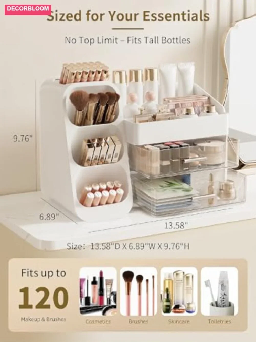 Large Capacity Makeup Organizer with Acrylic Drawer for Vanity